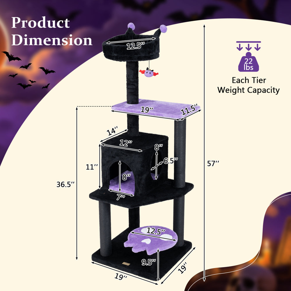 57" spooky cat tower in purple features a padded perch, spider toy, and multiple levels for climbing and play.