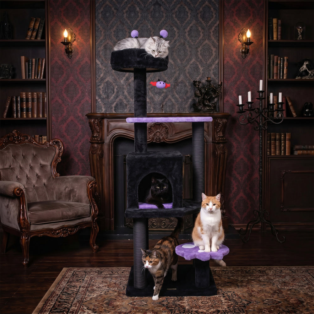 Multi-level 57" spooky cat tower in purple with removable perch, spider toy, and cozy hideaway for playful cats.