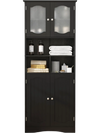Freestanding black linen storage cabinet with frost glass doors and adjustable shelves, ideal for bathroom organization.