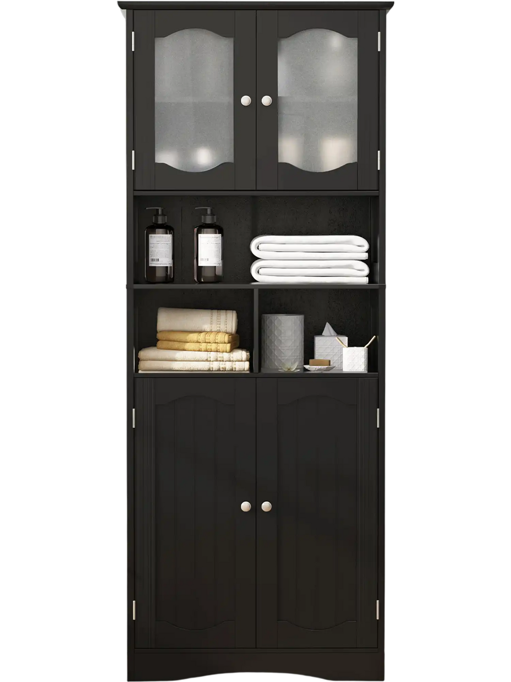 Freestanding black linen storage cabinet with frost glass doors and adjustable shelves, ideal for bathroom organization.