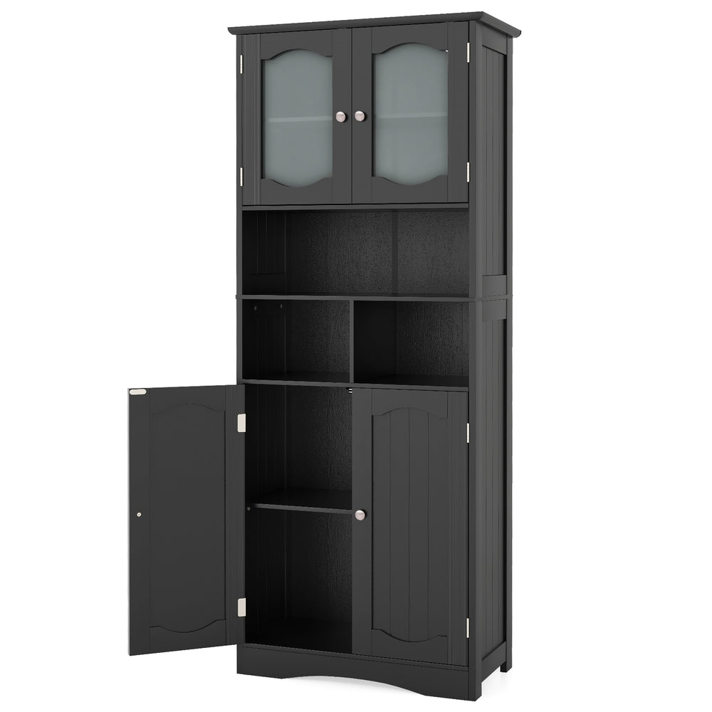Freestanding black linen storage cabinet with frost glass doors, featuring 2 cabinets and 3 open compartments for.