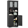 Freestanding black linen storage cabinet with frost glass doors, featuring adjustable shelves and large storage.