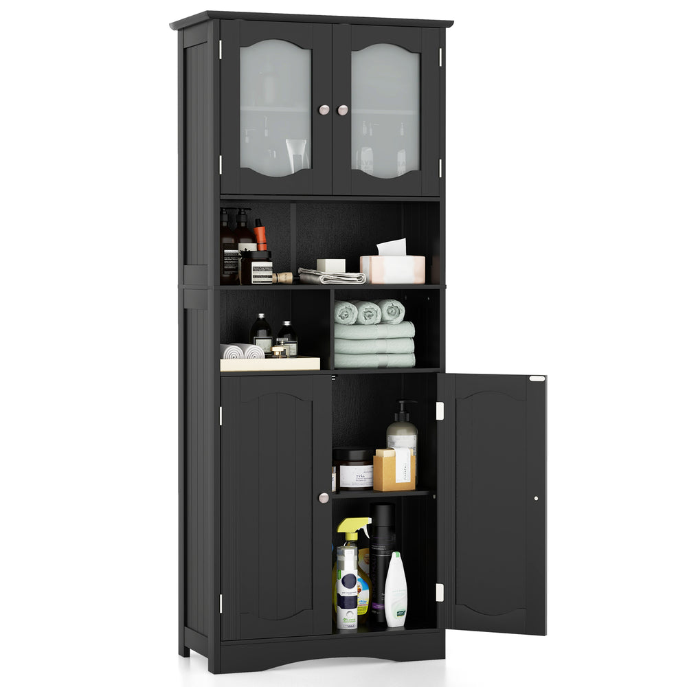 Freestanding black linen storage cabinet with frost glass doors, featuring adjustable shelves and large storage.