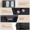 Close-up of the 58.5-inch black linen bathroom storage cabinet featuring tempered frost glass doors and exquisite round.