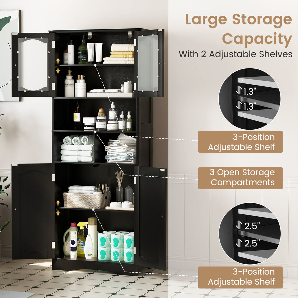 Freestanding black linen bathroom storage cabinet with frost glass doors, featuring adjustable shelves and large.
