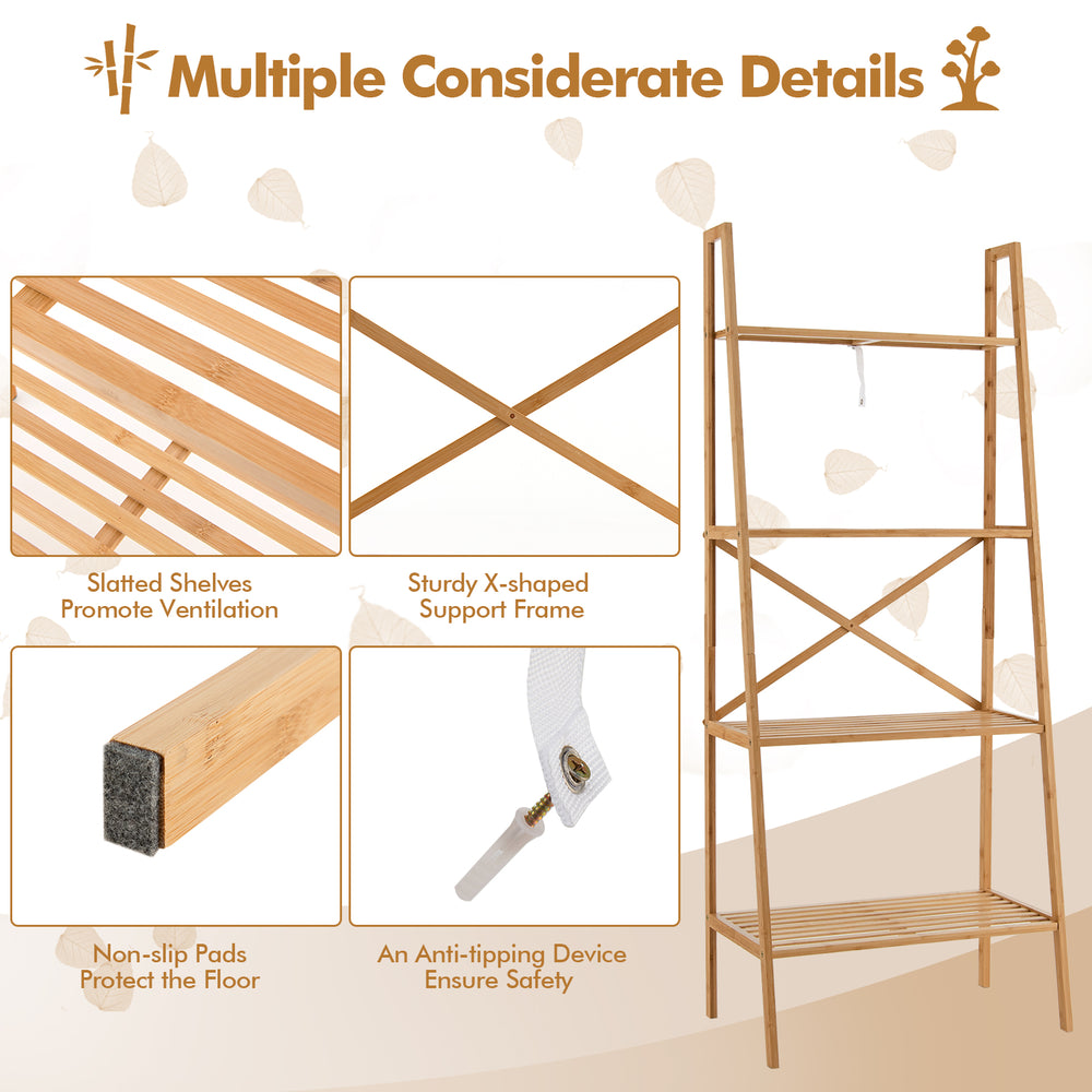 4-tier bamboo ladder bookshelf with slatted shelves, sturdy support frame, and anti-tipping device for safe storage.