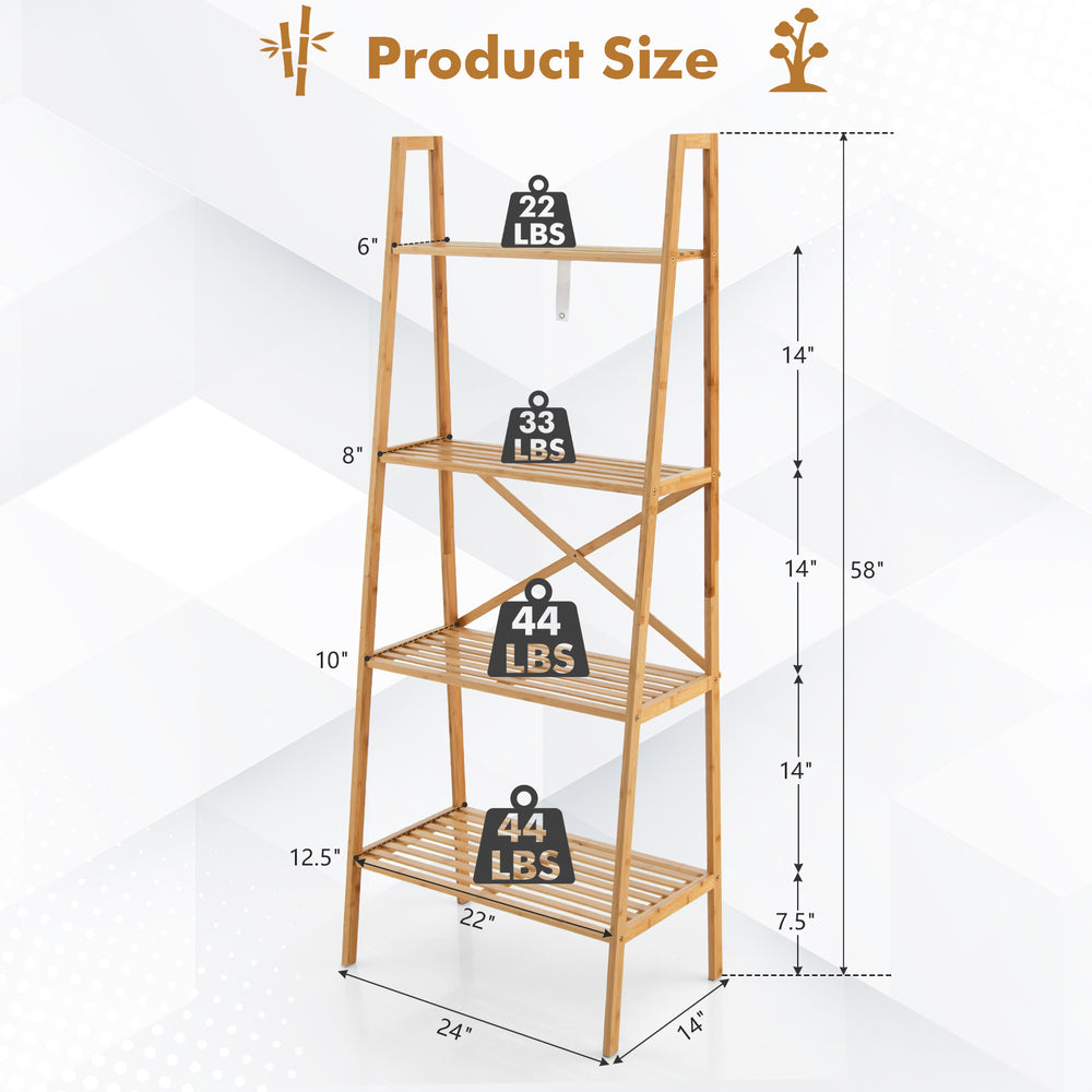 4-tier bamboo ladder bookshelf with natural finish, measuring 58 inches tall, ideal for storage or as a plant stand.