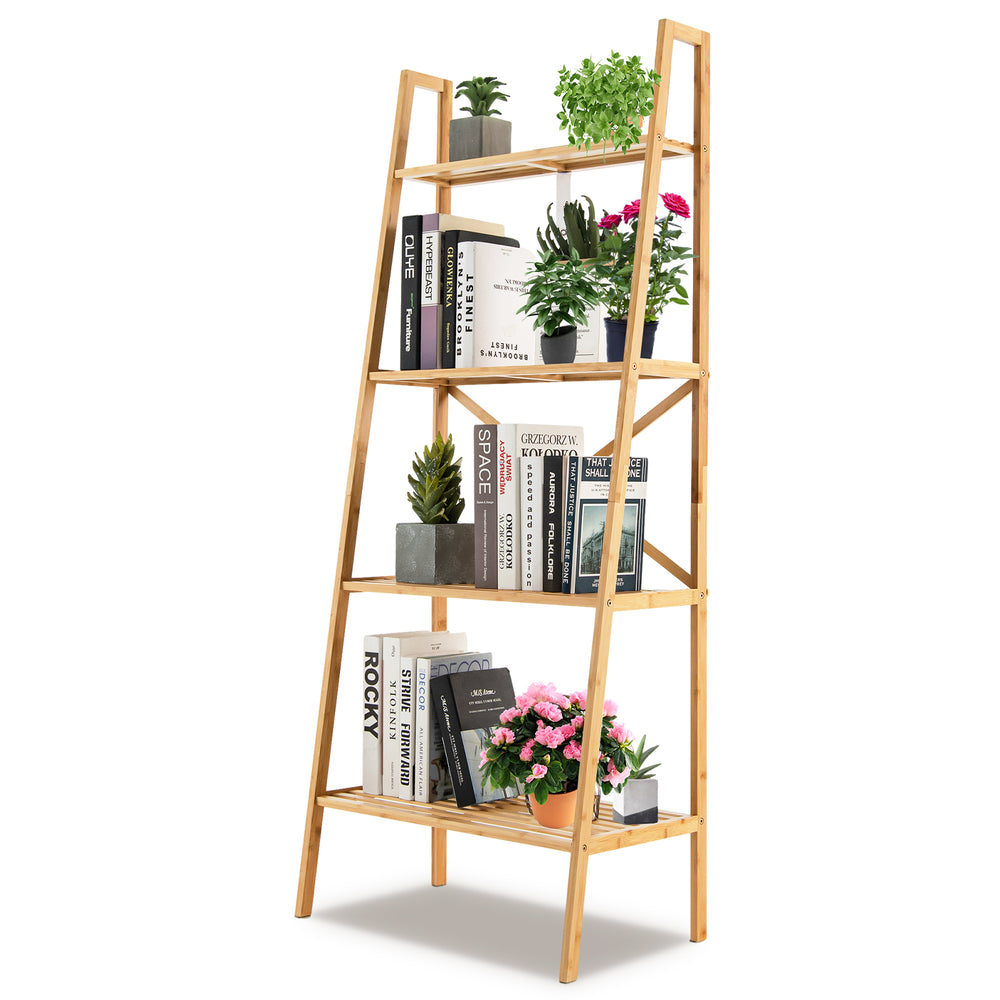 4-tier bamboo ladder bookshelf with varying shelf widths, designed for flexible storage and a rustic aesthetic in any.