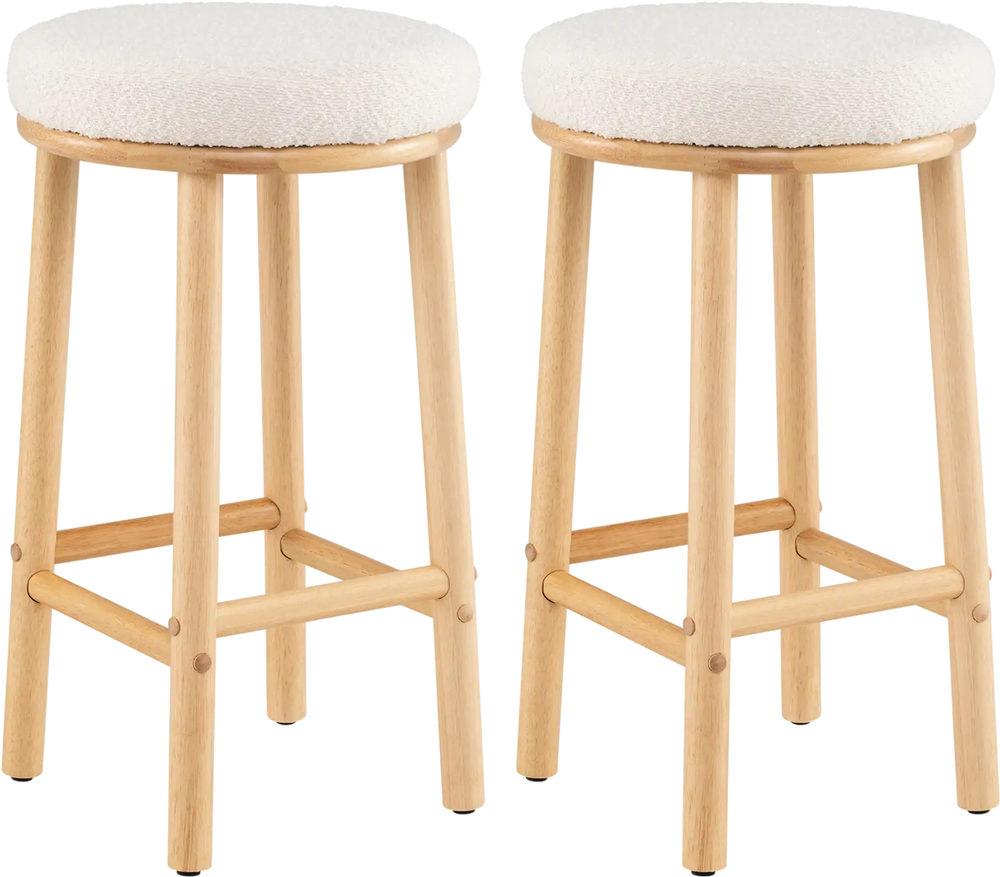 Set of 2 bar stools with boucle fabric seats and rubber wood frames, ideal for kitchen islands and dining rooms.