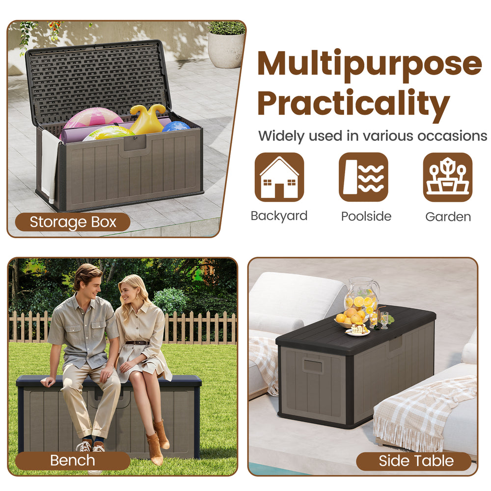 Large black and brown 100-gallon deck box with lockable lid, serving as a bench or side table for outdoor storage.