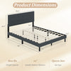 Queen size upholstered bed frame in dark gray with a tufted headboard, sturdy wooden slats, and ample under-bed space.