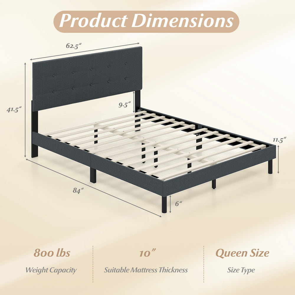 Queen size upholstered bed frame in dark gray with a tufted headboard, sturdy wooden slats, and ample under-bed space.