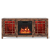 58" rustic brown fireplace TV stand with LED lights and 18" electric fireplace, accommodating TVs up to 65 inches.