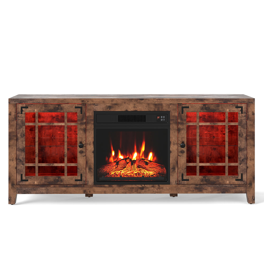 58" rustic brown fireplace TV stand with LED lights and 18" electric fireplace, accommodating TVs up to 65 inches.