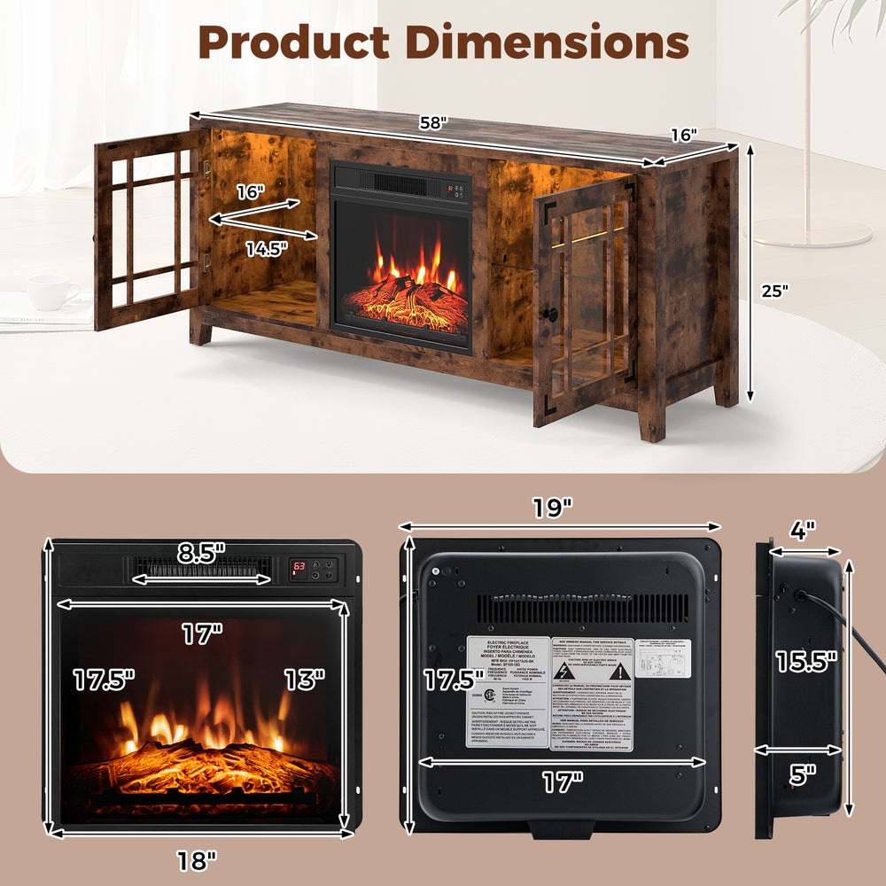 Dimensions of the 58" rustic brown fireplace TV stand with LED lights and 18" electric fireplace for stylish home decor.