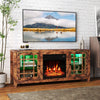 58" rustic brown fireplace TV stand with LED lights, adjustable shelves, and 18" electric fireplace for cozy living.