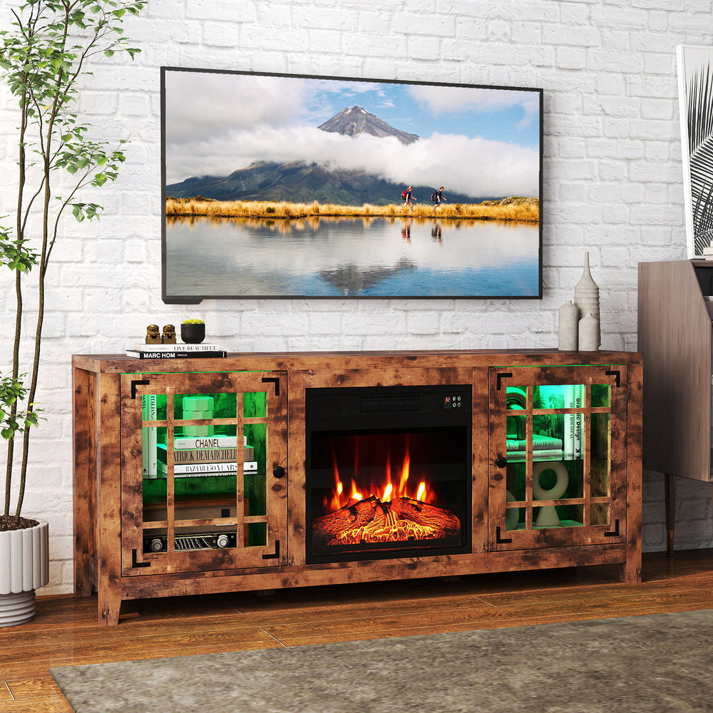 58" rustic brown fireplace TV stand with LED lights, adjustable shelves, and 18" electric fireplace for cozy living.
