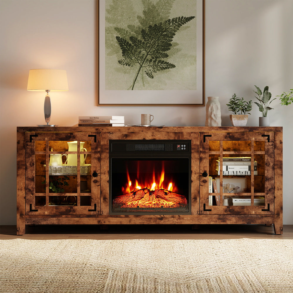 58" rustic brown fireplace TV stand featuring an electric fireplace, LED lights, and adjustable shelves for stylish.