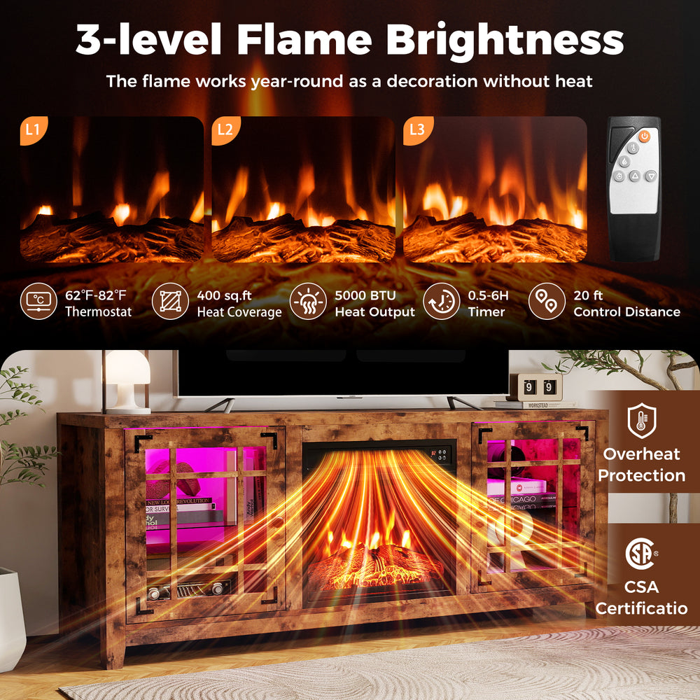58" rustic brown fireplace TV stand with LED lights, adjustable shelves, and 50000 BTU electric fireplace for cozy.