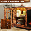 Three-level adjustable shelf in rustic brown TV stand, perfect for customizing storage space in your living room.