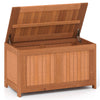Wood deck box with flip top, 52-gallon capacity, ideal for outdoor storage and seating in patio or garden settings.