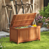 52-gallon patio wood deck box with flip top, ideal for cushions and tools, shown in a garden setting.