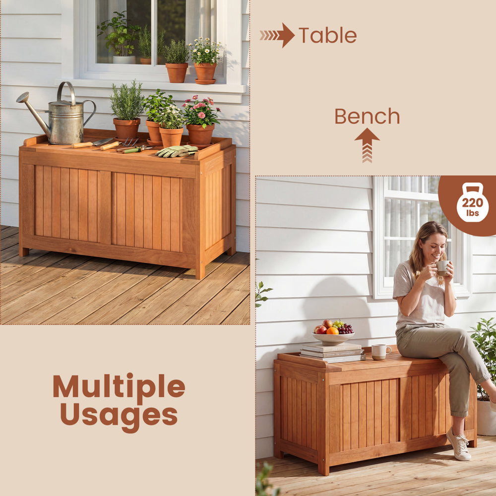 52-gallon patio wood deck box with flip top, serving as a storage solution, bench, or coffee table for outdoor spaces.