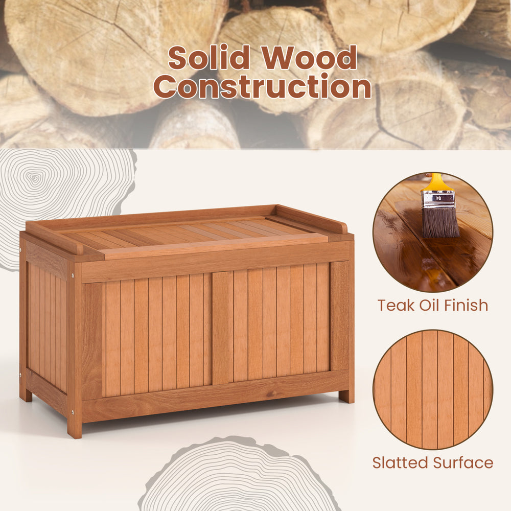 52-gallon patio wood deck box with flip top, solid wood construction, teak oil finish, ideal for outdoor storage and.