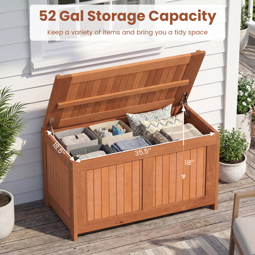 Wood deck box with 52-gallon storage capacity, ideal for cushions and outdoor supplies, shown with lid open.