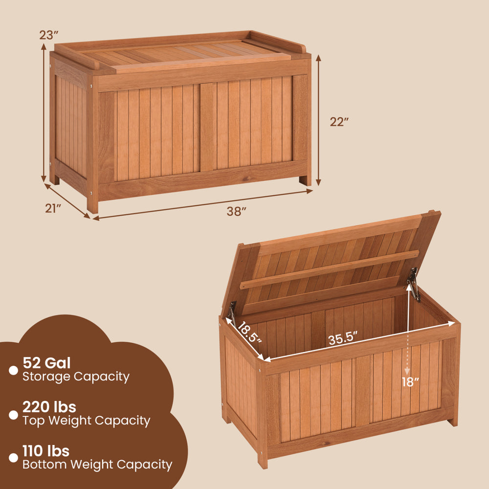 52-gallon patio wood deck box with flip top, featuring teak-oil finish, ideal for cushions and outdoor storage.