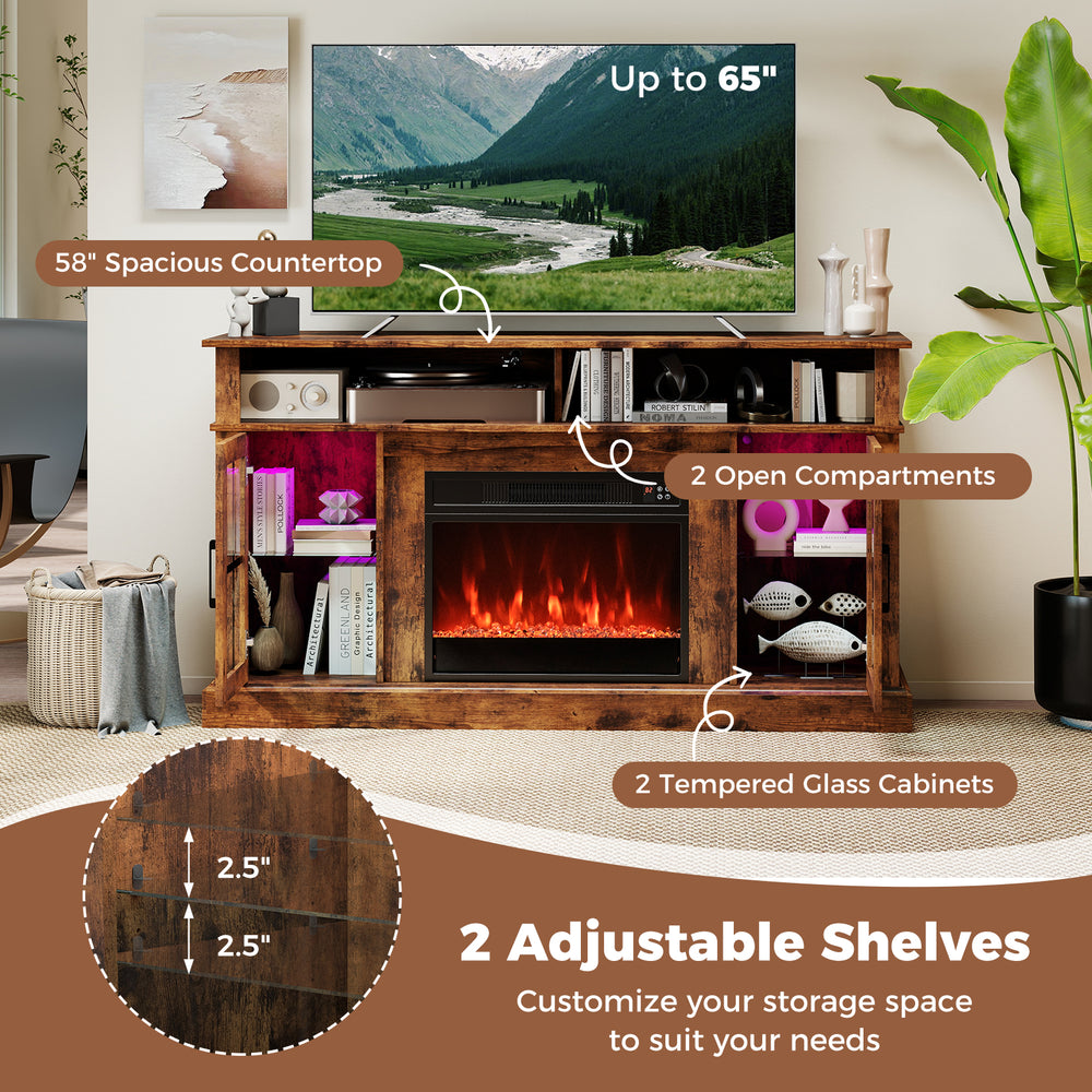 58-inch rustic brown fireplace TV stand with LED lights, adjustable shelves, and tempered glass cabinets for stylish.