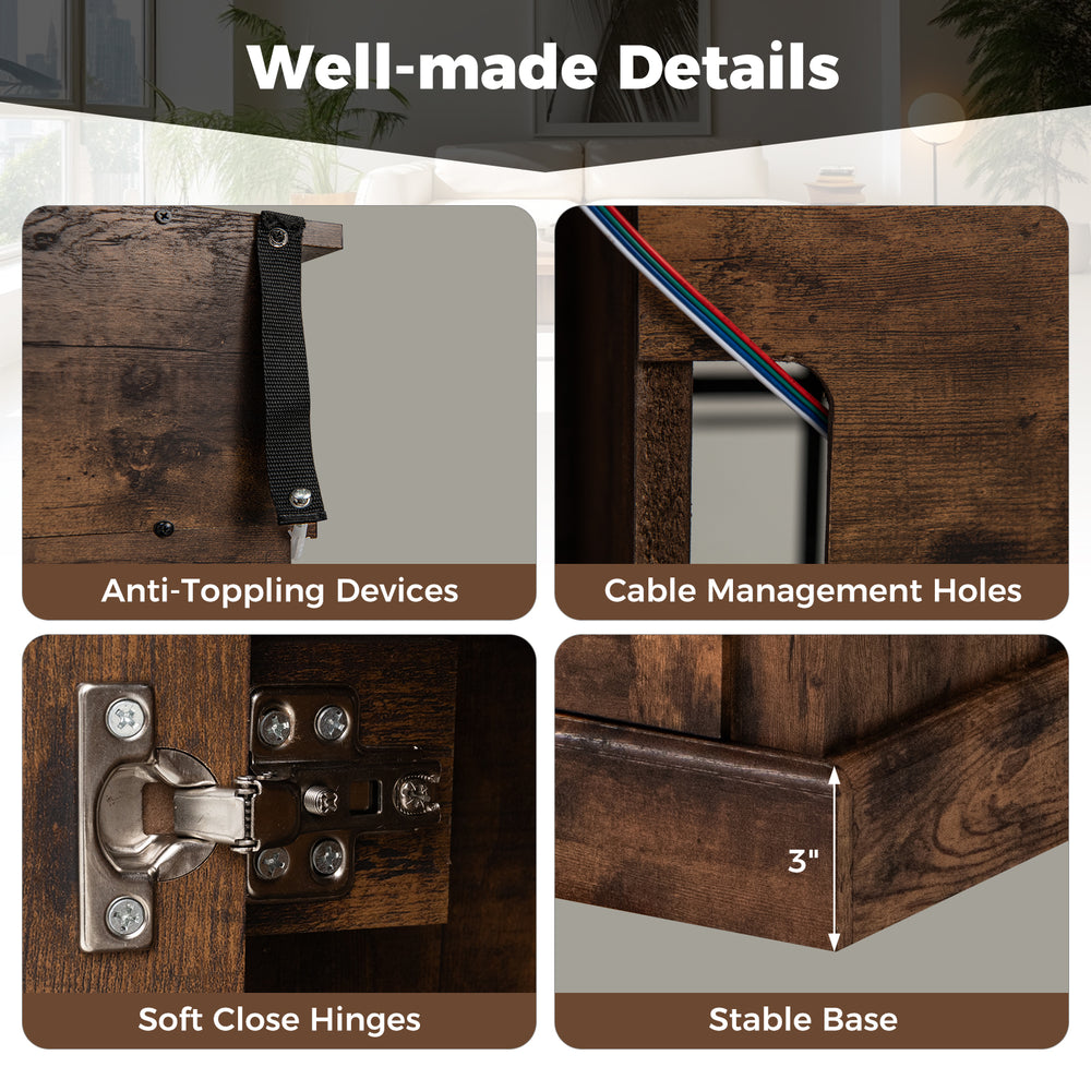 Detail shot of the 58-inch rustic brown fireplace TV stand showcasing anti-toppling devices and cable management holes.