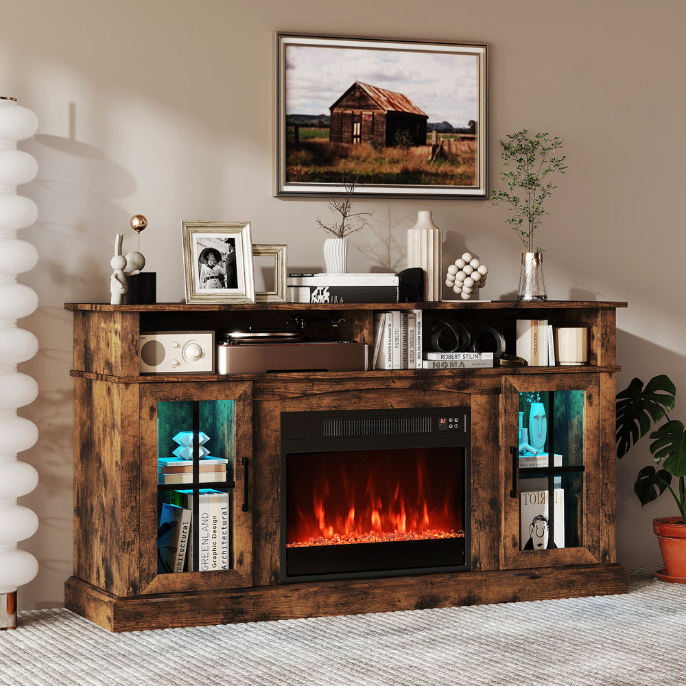 58 Inch Fireplace TV Stand with LED Lights with Storage Cabinets and Glass Doors-Rustic Brown - Gallery View 1 of 10