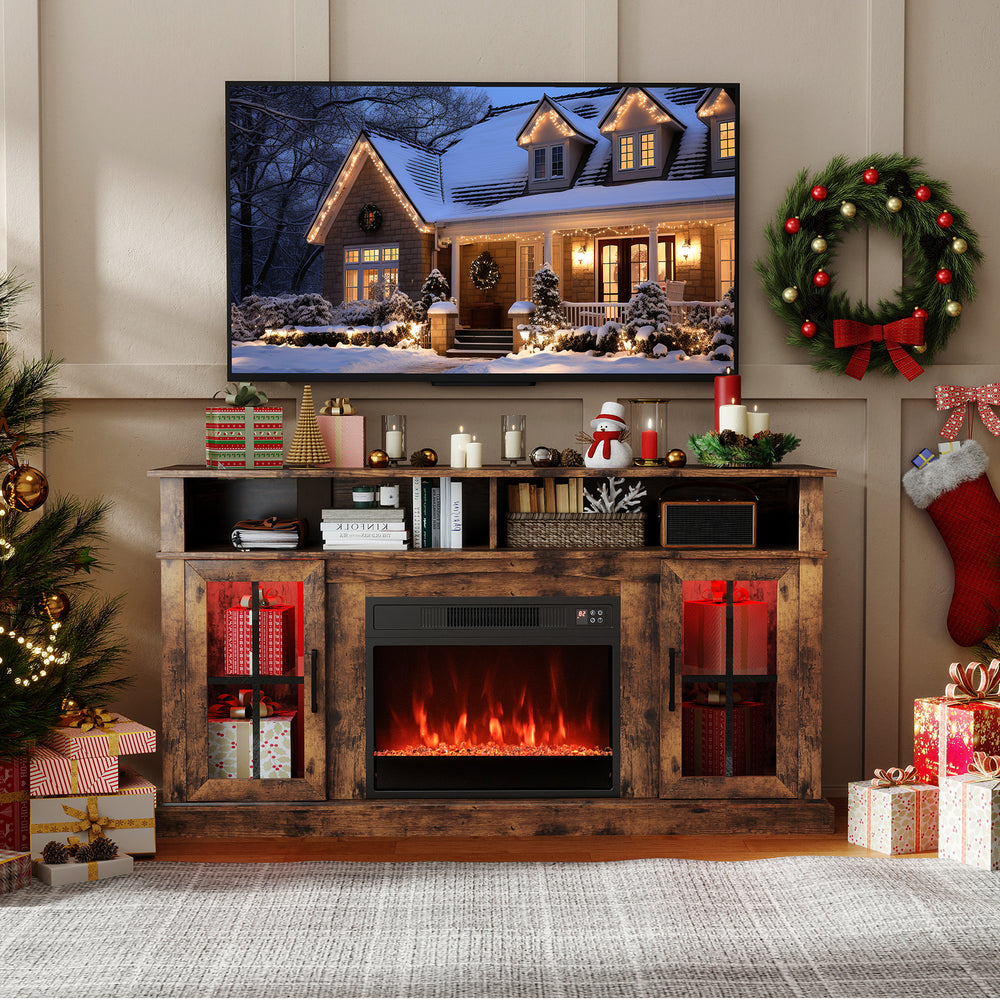 58-inch rustic brown fireplace TV stand with LED lights, storage cabinets, and adjustable shelves for cozy ambiance.