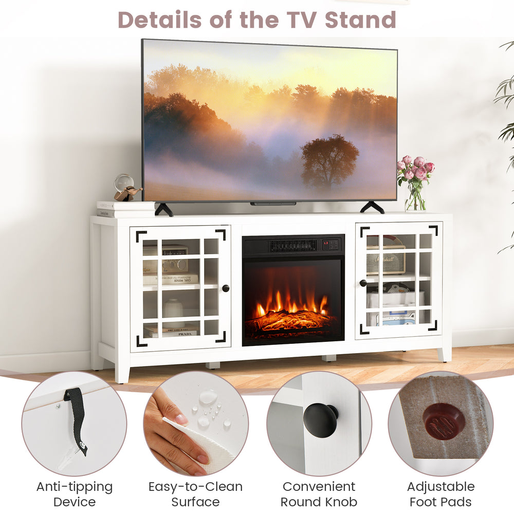 White 58-inch fireplace TV stand with adjustable shelves, anti-tipping device, and easy-to-clean surface for TVs up to.
