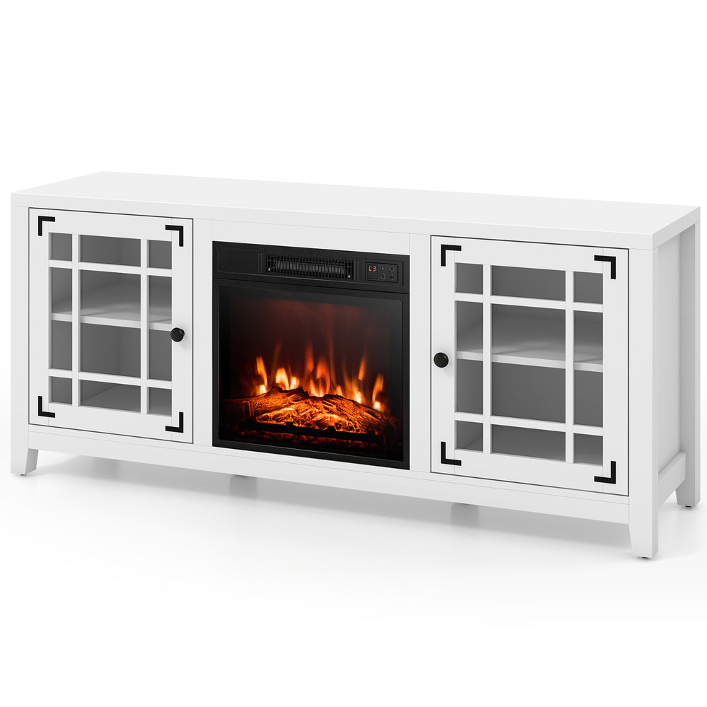 58-inch white fireplace TV stand with adjustable shelves, remote control, and a stylish dancing flame for TVs up to 65.