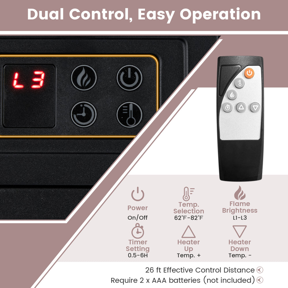 Remote control for the 58-inch fireplace TV stand with adjustable shelves, featuring dual control and 26 ft effective.