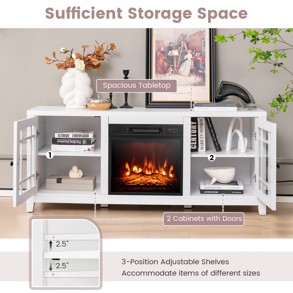 58-inch white fireplace TV stand with adjustable shelves, spacious tabletop, and two cabinets for ample storage.