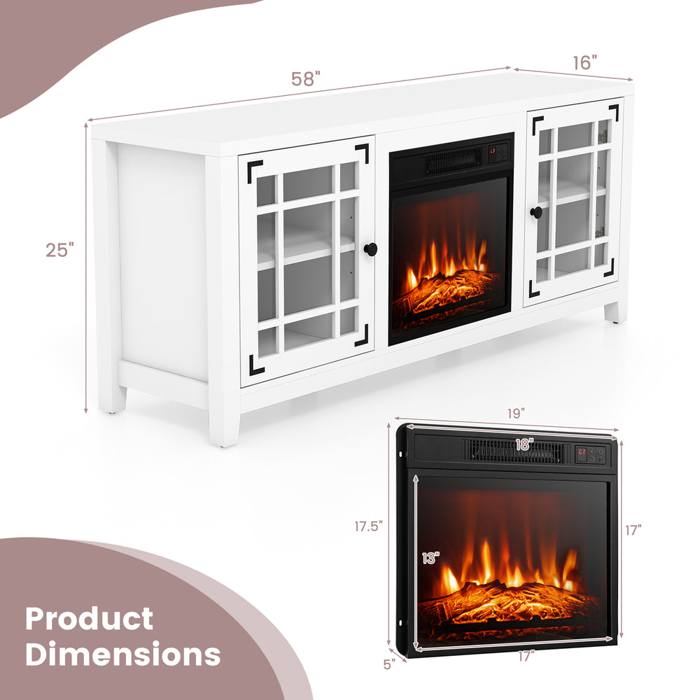 58-inch white fireplace TV stand with adjustable shelves, remote control, and heating for TVs up to 65 inches.