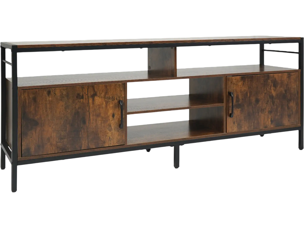 Industrial 58-inch TV stand in rustic brown with cabinets and adjustable shelf, suitable for TVs up to 65 inches.