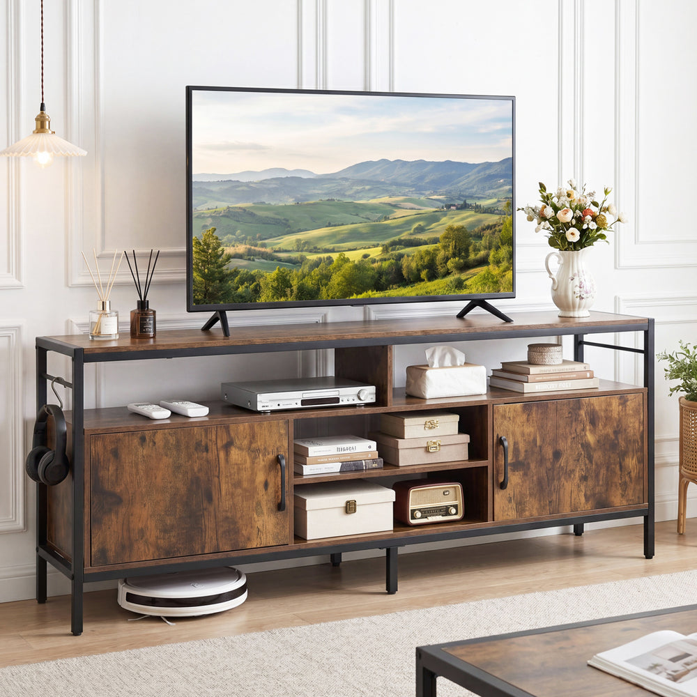 58-inch industrial TV stand in rustic brown with cabinets and adjustable shelf, perfect for TVs up to 65 inches.