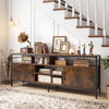 Industrial 58-inch TV stand in rustic brown with cabinets, adjustable shelf, and open storage for versatile home use.