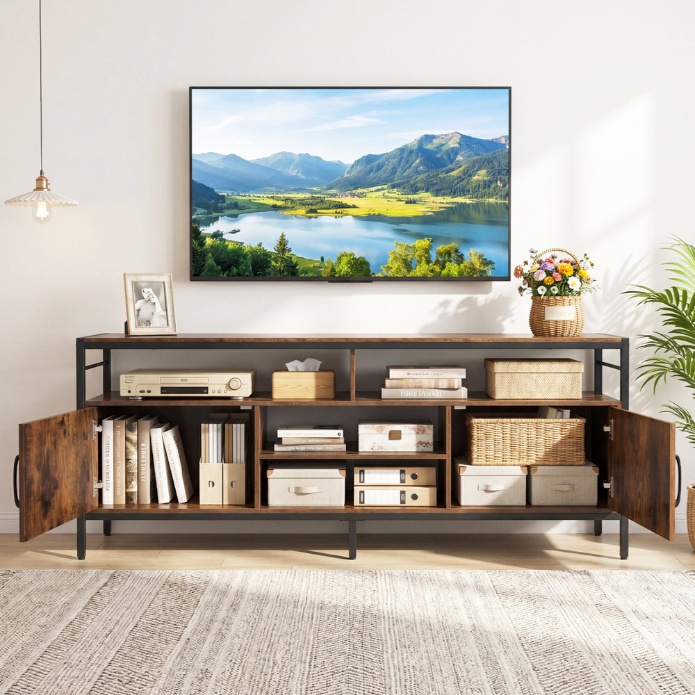 58-inch industrial TV stand in rustic brown with side cabinets and adjustable shelves, perfect for TVs up to 65 inches.