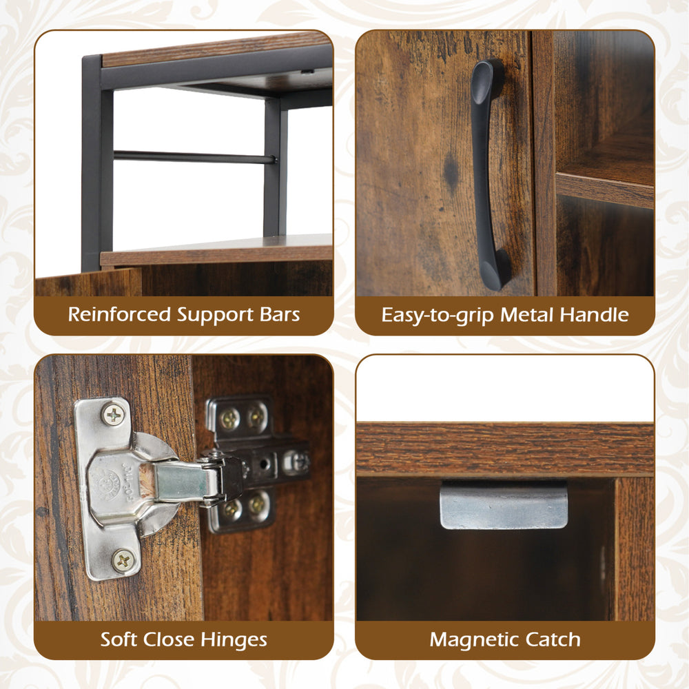 Reinforced support bars and soft close hinges of the 58-inch rustic brown TV stand for stability and durability.