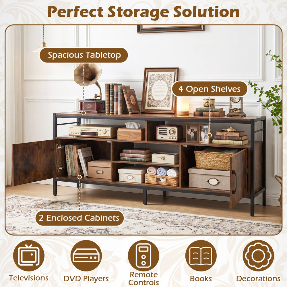 58-inch rustic brown industrial TV stand with spacious tabletop, 2 enclosed cabinets, and 4 open shelves for versatile.