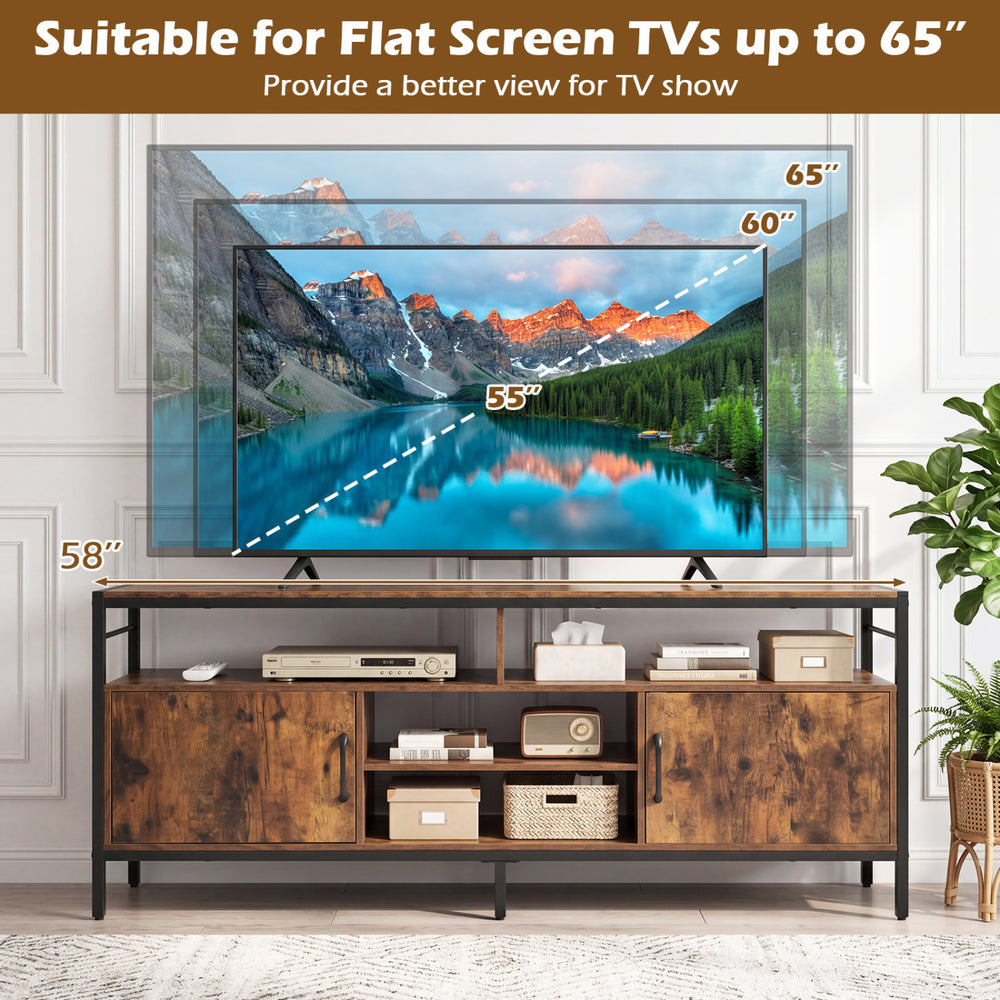 58-inch industrial TV stand in rustic brown, featuring adjustable shelves and cabinets, suitable for TVs up to 65.