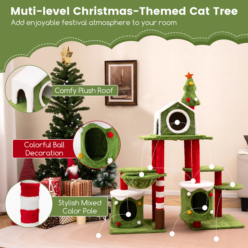 Multi-level Christmas-themed cat tree with condos, colorful decorations, and a stylish mixed-color pole for festive fun.
