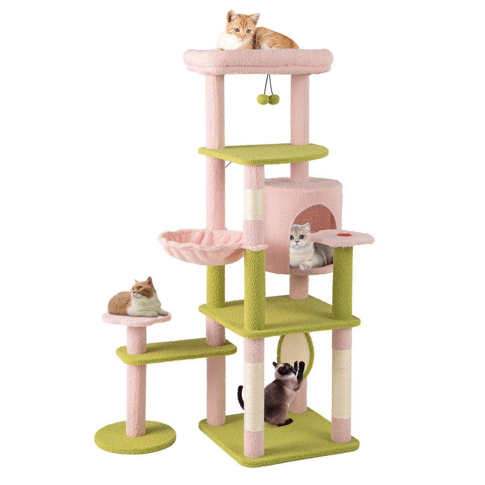 Multi-level 58-inch cat tree in pink with cozy condo, hammock, and scratching posts for playful feline relaxation.