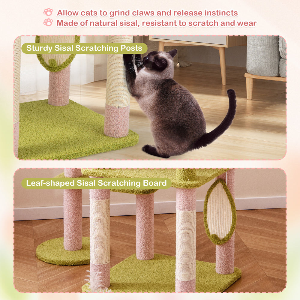 Multi-level cat tree with scratching posts and board, made of natural sisal, in pink for playful feline lounging.