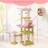 Multi-level cat tree with pink floral design, featuring cozy condo, hammock, and scratching posts for playful cats.